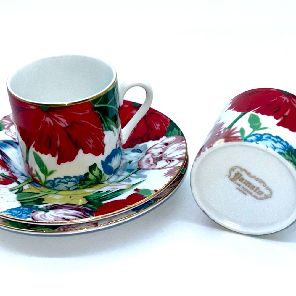 Tamato Japan Fine China Espresso Coffee cup and Saucer set of 2 floral Gold Trim